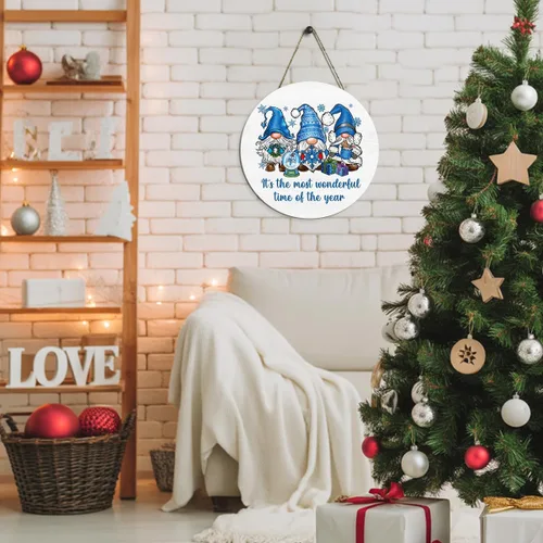 Vista 5 de Decoración de gnomos de Navidad para interiores, decoraciones de Navidad azules, muñeco de nieve, copo de nieve, rústico, granja, madera, placa