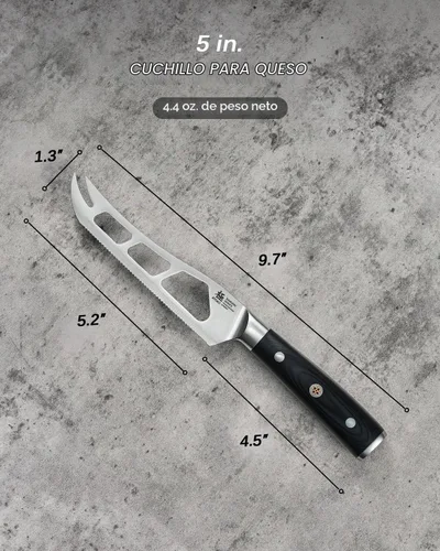 Vista 6 de KYOKU Cuchillo de queso dentado de 5 pulgadas, cortador de queso serie Samurai con mango de madera de Pakkawood de hoja hueca, cuchillo alemán