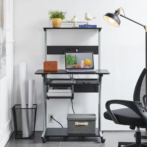 Vista 4 de Yaheetech - Escritorio pequeño con ruedas para computadora de 3 niveles, toma de corriente, color negro Engineered wood tiers and metal frame suit