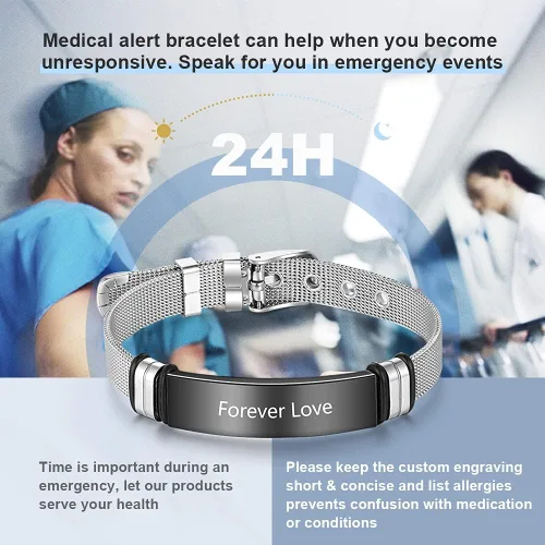 Vista 124 de OPALSTOCK Pulseras médicas personalizadas de silicona ajustable para identificación de emergencias, grabado gratuito, 9 pulgadas, resistente al