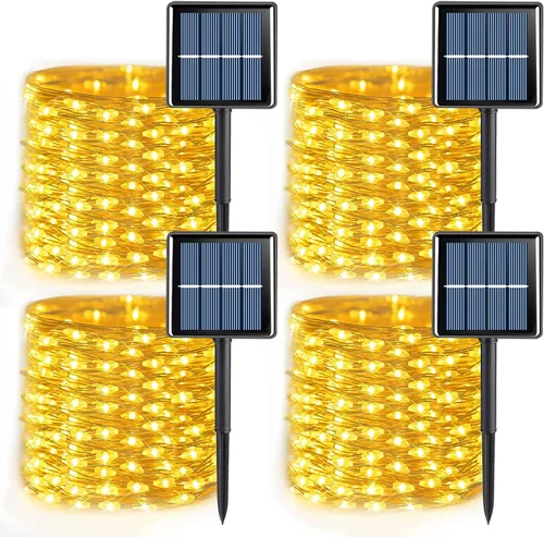Vista 16 de QITONG - 4 paquetes de luces solares de Navidad blancas, cada una de 33 pies, 100 LED, luces de hadas impermeables para exteriores, 8 modos, luces