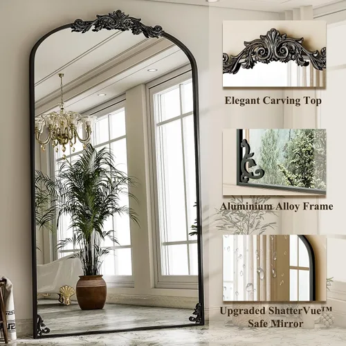 Vista 4 de GLSLAND Espejo Vintage - 72" x 44" Espejo de Cuerpo Completo Grande Tallado Arqueado con Marco de Metal Barroco Espejos de Cuerpo Completo para Negro