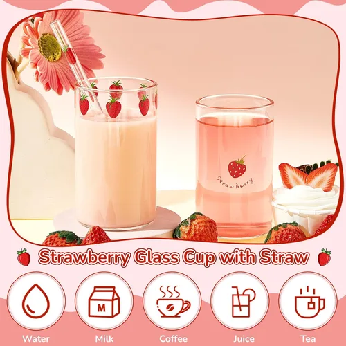 Vista 3 de Tessco para ti 2 juegos de tazas de fresa Taza de vidrio de fresa Nana con pajita Vaso de vidrio Vaso de chupito transparente Patrón de bayas Taza