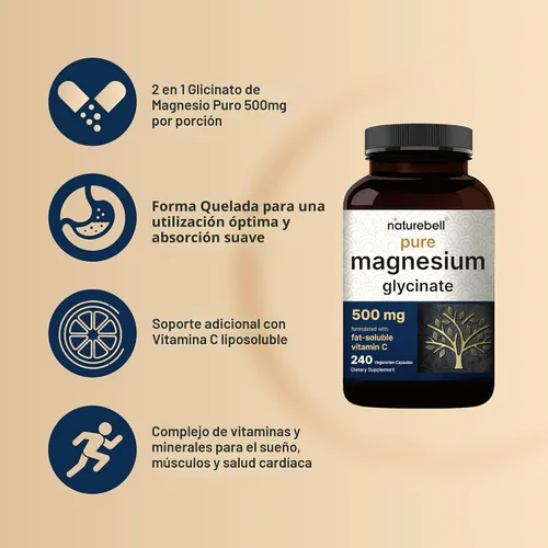 Vista 4 de Cápsulas de glicinato de magnesio de 500 mg, 240 unidades, 100 % quelado y purificado, probado por terceros, sin OGM y sin gluten