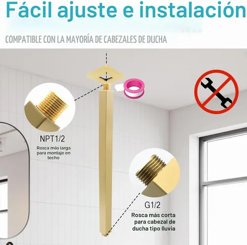 Vista 3 de Brazo de ducha dorado cepillado con brida y cinta de teflón para techo alto o cabezal de ducha fijo de lluvia, conexión universal, tubo de extensión