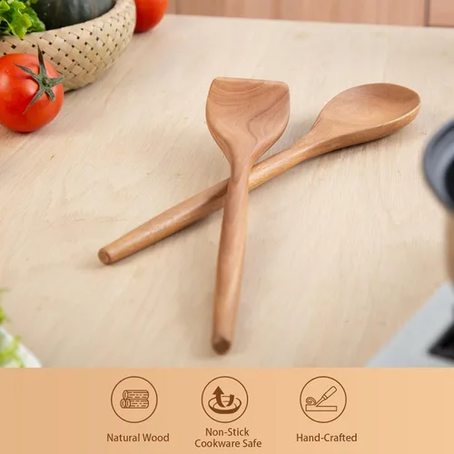 Vista 5 de GinSent 2 cucharas de madera para cocinar, cucharas de madera de 14 pulgadas para cocinar, cucharas de madera de agarre cómodo, utensilios de cocina