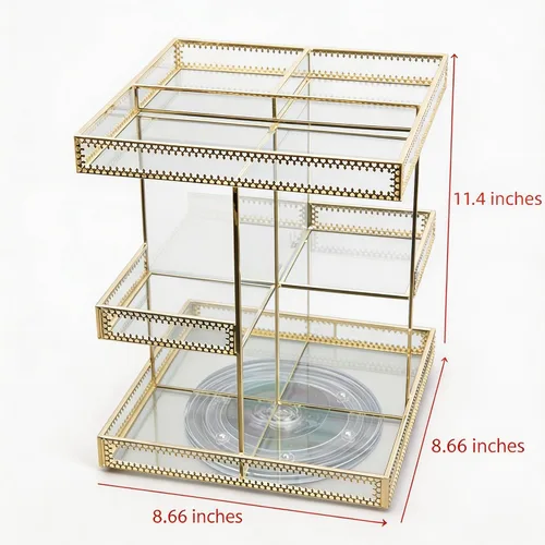 Vista 2 de Organizador de cosméticos de vidrio dorado de 3 niveles con rotación de 360 grados, bandeja de perfume giratoria de alta calidad, exhibición