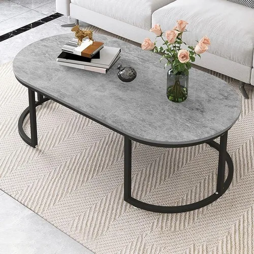 Vista 8 de Mesa auxiliar, moderna y ovalada, mesa de centro minimalista de madera para sala de estar, almacenamiento gris oscuro incluido, 39.5 pulgadas