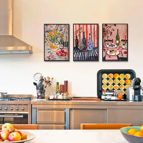 Vista 8 de 9 piezas de arte de pared de cocina coloridos alimentos para decoración de pared, fotos, bebidas, frutas, bar, carrito, lienzo, impresiones