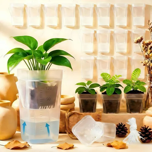 Vista 10 de Paquete de 16 macetas medianas de riego automático de 2.5 pulgadas para plantas de interior, pequeñas macetas de plástico transparente, macetas