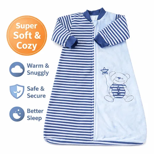 Vista 2 de Tog 2.0 - Saco de dormir para niños pequeños, manga larga, terciopelo de algodón, cálido saco de dormir con brazos para bebé, 4 estaciones, Azul