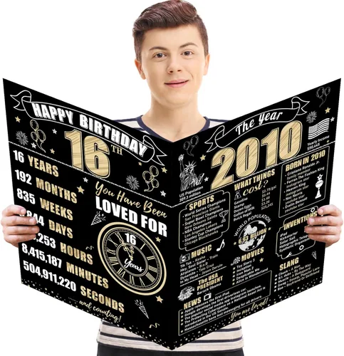 Vista 18 de Turypaty Tarjeta de 10 cumpleaños grande con sobre para niños y niñas, libro de firmas de invitados gigante de feliz 10 cumpleaños en negro y oro