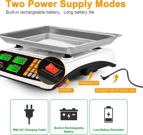 Vista 6 de Báscula de cálculo de precios 88lb/40kg Báscula comercial de alimentos para productos agrícolas y carne con plataforma grande de acero inoxidable
