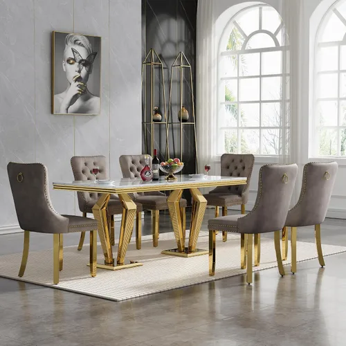 Vista 15 de Juego de 5 mesas de comedor, juego de mesa de cocina y comedor para 4, mesa de comedor rectangular de mármol sintético negro de 70 pulgadas con base