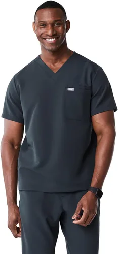 Vista 15 de FIGS Leon - Camiseta médica para hombre, 3 bolsillos, ajuste a medida, cuello en V moderno, elástico en 4 direcciones, absorbe la humedad BLK