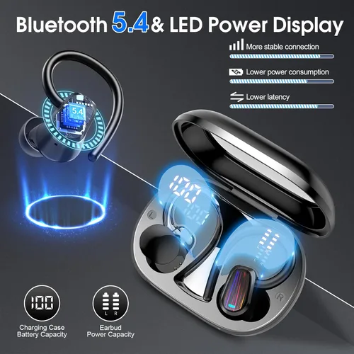 Vista 3 de Auriculares inalámbricos, Bluetooth 5.4 deportivos, auriculares con micrófono ENC con cancelación de ruido, auriculares estéreo de graves profundos