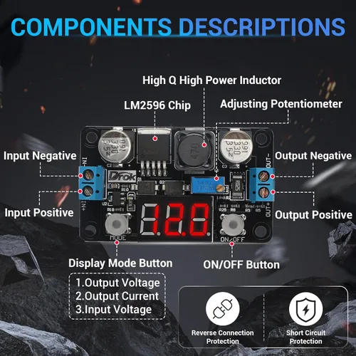 Vista 5 de DROK LM2596 - Convertidor Buck de pantalla LED - DC 4-32V a 1.25-30V 3A convertidor reductor ajustable regulador de voltaje fuente de alimentación