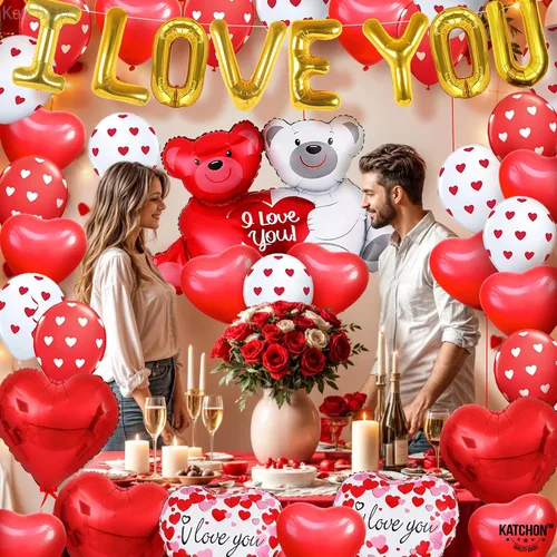 Vista 6 de KatchOn, Teddy Bear - Juego de globos con texto en inglés "I Love You", paquete de 55, 2000 pétalos de rosa roja con globos de corazón rojo