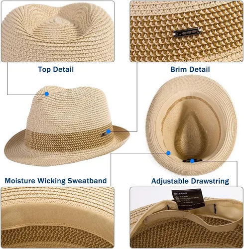 Vista 5 de Fancet Sombrero de Paja Pajarita Fedora Panamá Sol Verano Playa Sombrero Cubano Trilby Hombres Mujeres 21.7-24.0in