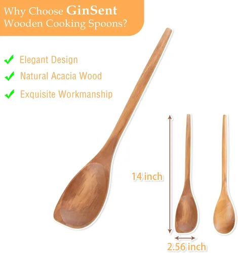 Vista 2 de GinSent 2 cucharas de madera para cocinar, cucharas de madera de 14 pulgadas, cucharas de madera de agarre cómodo, utensilios de cocina para agitar