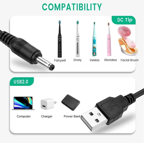 Vista 2 de Cable de carga para cepillo de dientes eléctrico Fairywill Sonic - Cable de carga negro Cable USB de repuesto, 5 pies