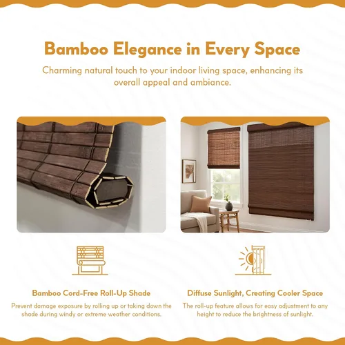 Vista 3 de Radiance Persianas Romanas de Bambú Sin Cordón para Ventanas - Persianas de Bambú de Varillas Planas para Control de Luz Semi-Privado - Persianas
