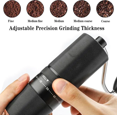 Vista 4 de Molinillo de café manual con rebabas de acero inoxidable, molinillo de café de mano, ajuste de molienda ajustable externo para expreso, prensa Negro