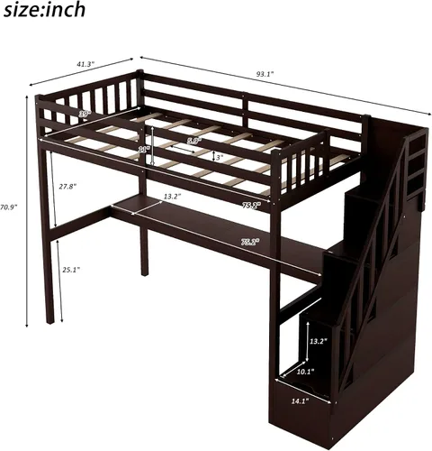 Vista 2 de Cama individual con escalera de 3 almacenajes y escritorio integrado, marco de cama de madera maciza que ahorra espacio para niños, niñas