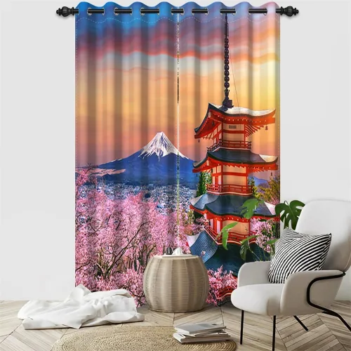 Vista 14 de Cortinas japonesas con pintura de tinta, monte Fuji, sol rojo, puesta de sol, hojas de bambú, cortinas de ventana para dormitorio, sala de estar