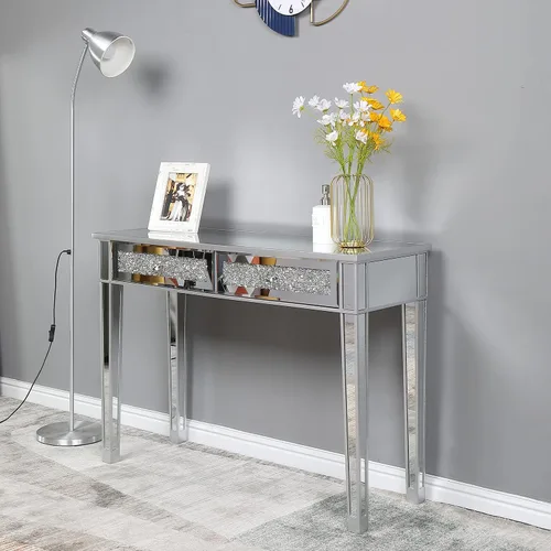 Vista 3 de Karl home Mesa de escritorio con espejo y 2 cajones, mesa consola plateada, mesa de sofá con espejo con incrustación de cristal en la parte