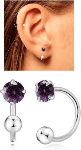Vista 10 de Aretes Huggie de medio aro para mujeres y niñas, pequeños aretes de cartílago, aretes de botón con piedra natal para mujeres, aretes de botón