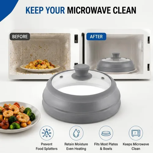 Vista 2 de Cubierta de salpicaduras de microondas para alimentos, cubierta de microondas de vidrio de 10.5 pulgadas con borde de silicona plegable, cubierta