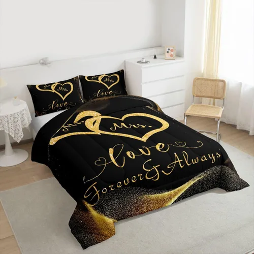 Vista 4 de Erosebridal Juego de edredón para parejas, juego de ropa de cama tamaño individual con lentejuelas doradas con purpurina dorada, edredón acolchado