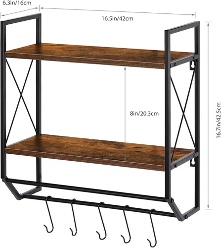Vista 3 de Toallero de baño de 2 niveles con toallero, toallero rústico con estante para almacenamiento de pared con ganchos sobre estante de inodoro, estante