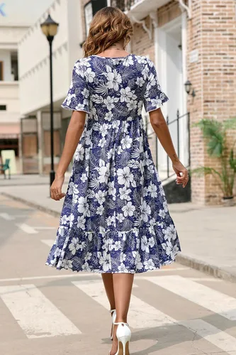 Vista 4 de STYLEWORD Vestido largo de verano para mujer, estilo casual, manga corta, cuello redondo, escalonado, largo por debajo de la rodilla, hawaiano