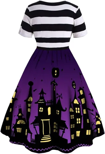 Vista 2 de ZEZCLO Vestido de Halloween para mujer, talla grande, divertido disfraz de calabaza a rayas, vestidos acampanados