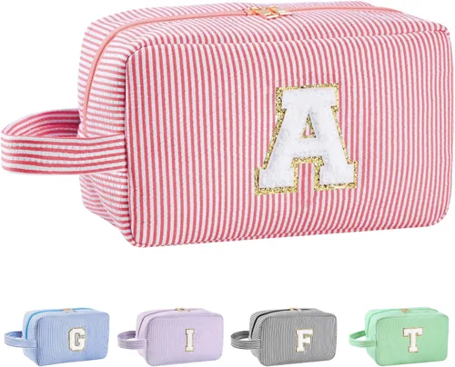 Vista 103 de Bolsa de maquillaje personalizada con inicial A-Z para mujeres, niñas y niños, bolsa de aseo de viaje, bolsa de maquillaje preparada, bolsa