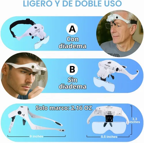 Vista 3 de Lupa de diadema iluminada recargable, herramienta de aumento manos libres para joyas, extensiones de pestañas, reparación de relojes, punto de cruz