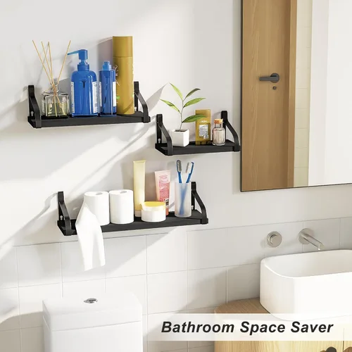 Vista 4 de Love-KANKEI Estantes flotantes montados en la pared de madera rústica, juego de 3 estantes para dormitorio, sala de estar, baño, cocina, color negro