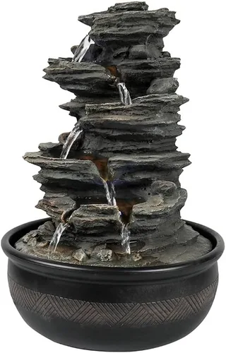 Vista 4 de Fuente de agua de mesa xpiyaer de 39.9 cm de alto con cascada de roca y luces LED - Fuente de cascada de relajación de interior de 5 niveles