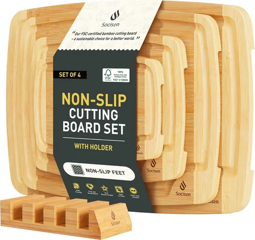 Vista 15 de Tabla de cortar de bambú extra grande con pies antideslizantes y tabla de cortar de madera para cocina con ranura de jugos para carne, verduras