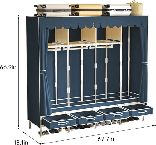 Vista 2 de Armario portátil con 4 cajones y 3 estantes, gran capacidad de 67 pulgadas, organizador colgante independiente con tapa para dormitorio, azul