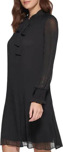 Vista 2 de DKNY Vestido plisado de manga larga con cuello de lazo para mujer