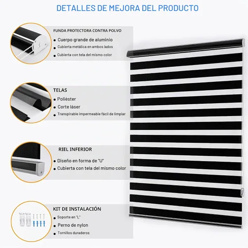 Vista 4 de Persianas Zebra enrollables de doble capa, semitraslúcidas, con control de luz y privacidad, para el día y la noche