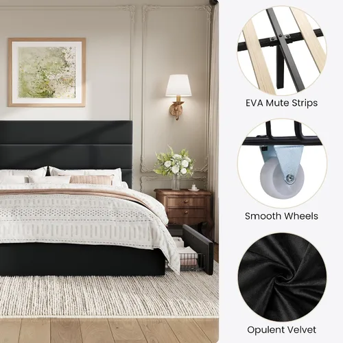 Vista 7 de SHA CERLIN Base de cama de plataforma de tamaño matrimonial con 4 cajones de almacenamiento, cabecera tapizada de terciopelo, base de colchón