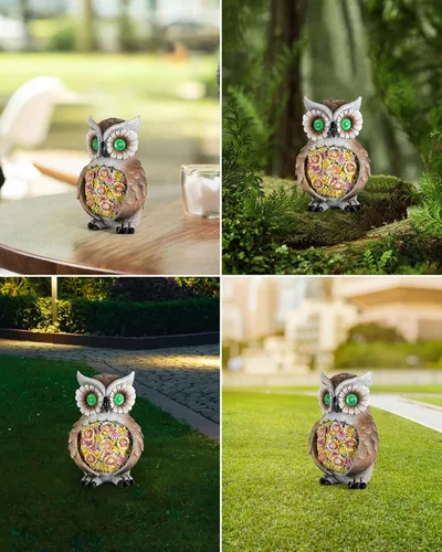 Vista 5 de iStatue Figura de búho de resina pintada a mano solar de 6.7 pulgadas con detalles realistas y ojos brillantes, perfecta para patio, arte al aire