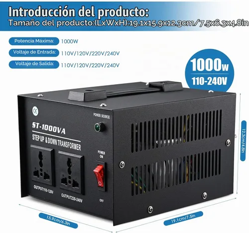 Vista 3 de Transformador de voltaje de 1000 W - Paso arriba y abajo - Protección de disyuntor de circuito Transformador de potencia universal de salida dual