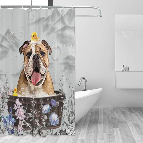 Vista 2 de jamie world Cortina de ducha de granja en blanco y negro, divertida cortina de ducha floral de bulldog para baño, cortina de ducha de animales, tela