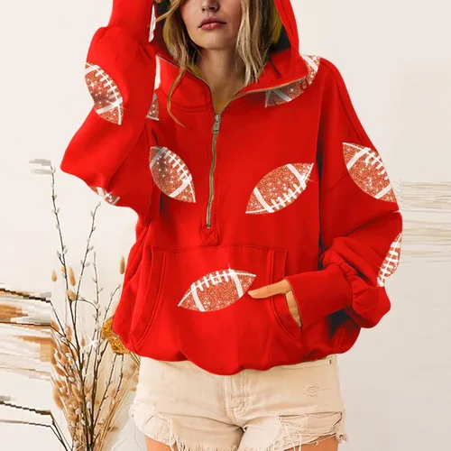 Vista 18 de SeekMe Sudaderas con capucha de lentejuelas para mujer, para el día del partido, suéteres de manga larga con cremallera y bolsillo