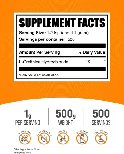 Vista 2 de BulkSupplements. com L-Ornitina HCl Polvo - Suplemento de ornitina, suplemento de aminoácidos - Sin gluten, 0.04 oz por porción, 17.64 oz
